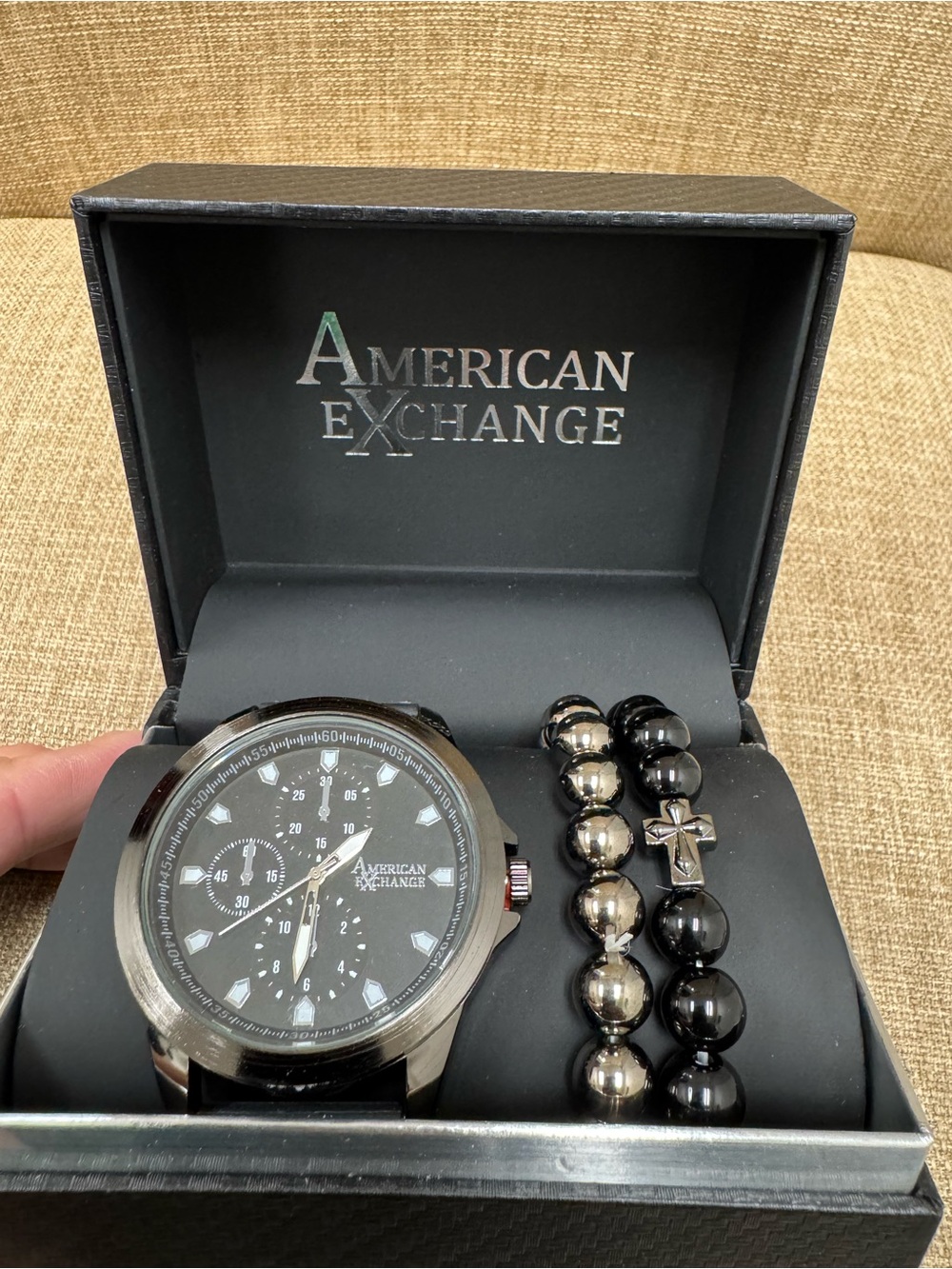 American Exchange Men's 3-Piece
Watch & Bracelet Set Metal Beaded
Black/Silver
